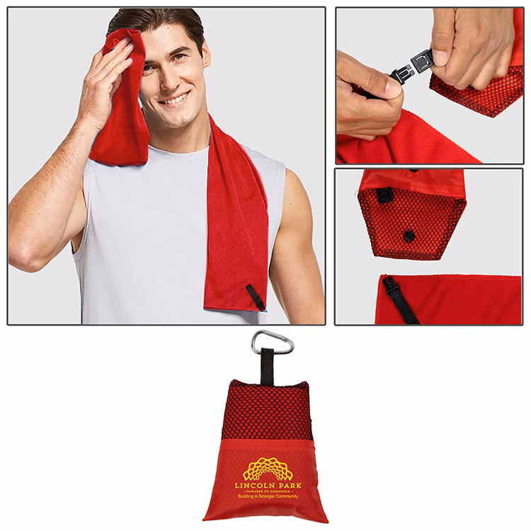 "Cool-n-Go" Full Size (12" x 32") Cooling Towel in Carabiner Pouch.