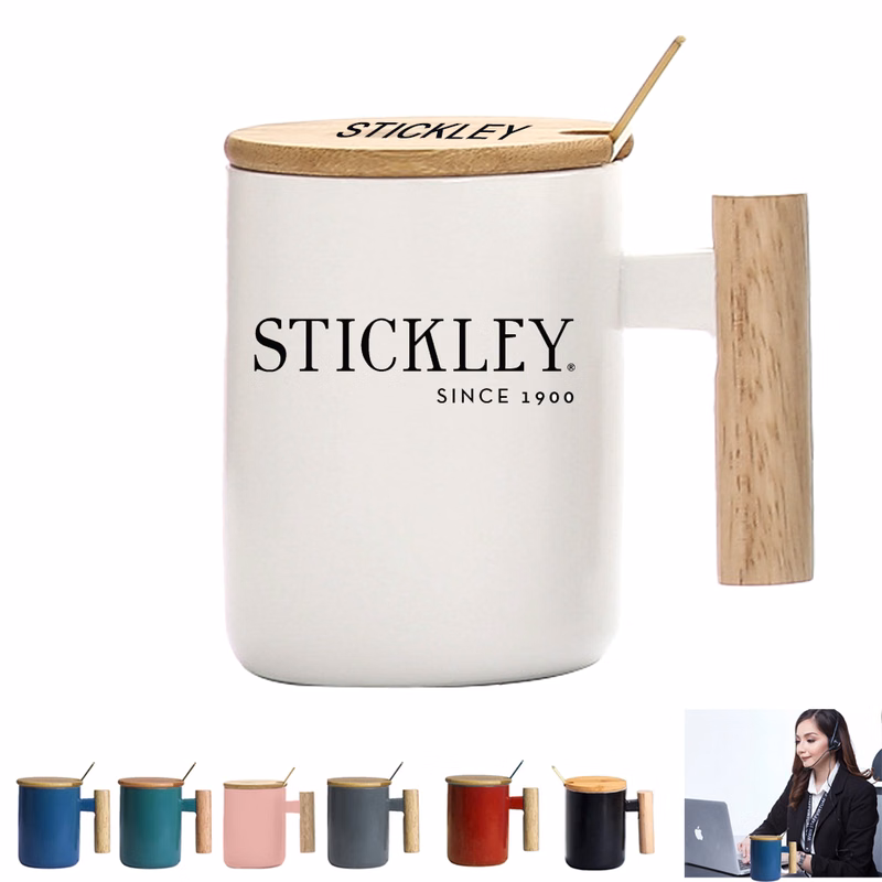 Nordic Ceramic Mug with Bamboo Lid, Wood Handle & Spoon