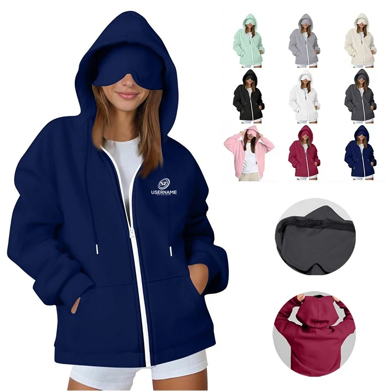 Hoodie with Eye Mask Women Full Zip up Hoodie Long Sleeve Casual Zip up, custom hoodie or sweatshirt with logo imprint 1