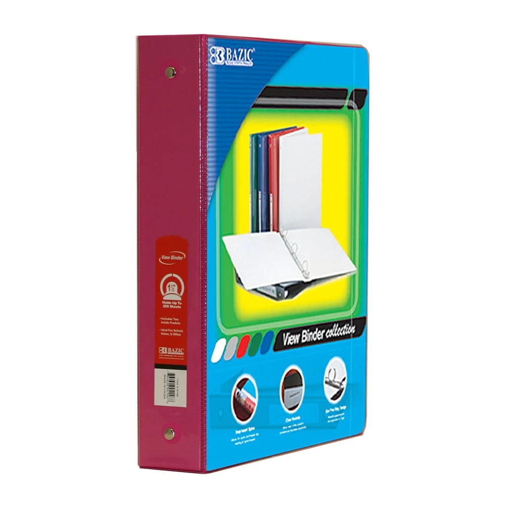 3 Ring View Binders - 1.5" Fuchsia 2 Pockets 1