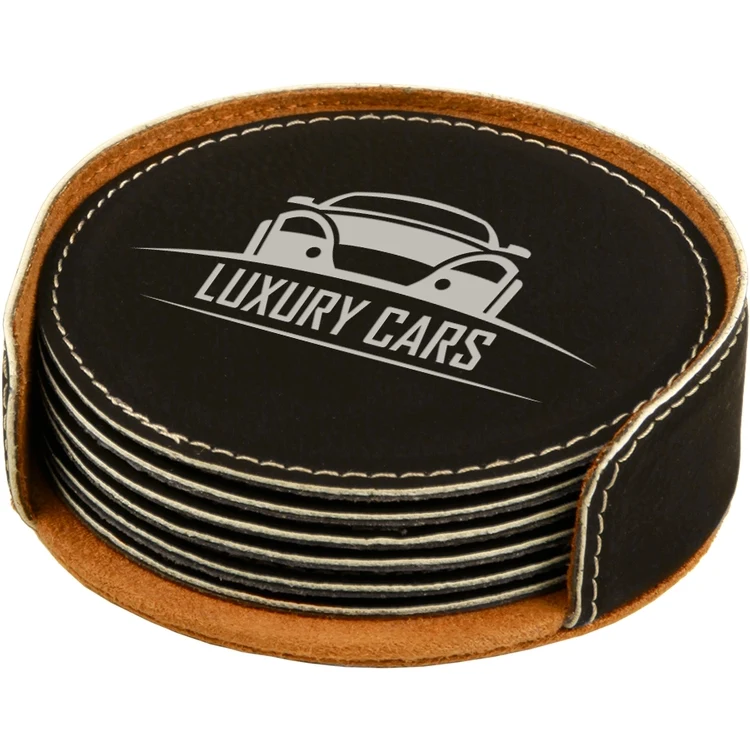 Black Leatherette Set of Six Round Coasters 1