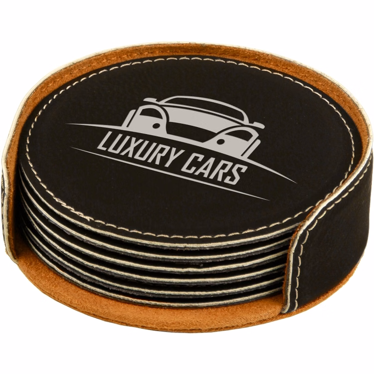 Black Leatherette Set of Six Round Coasters