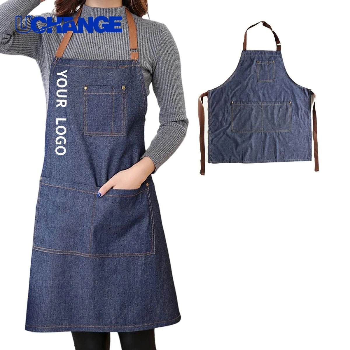 Adjustable Denim Bib Apron with Multiple Pockets for Work Use 1
