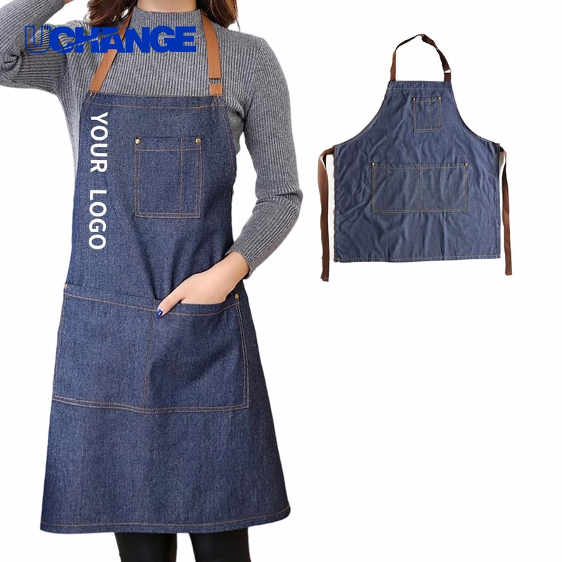 Adjustable Denim Bib Apron with Multiple Pockets for Work Use