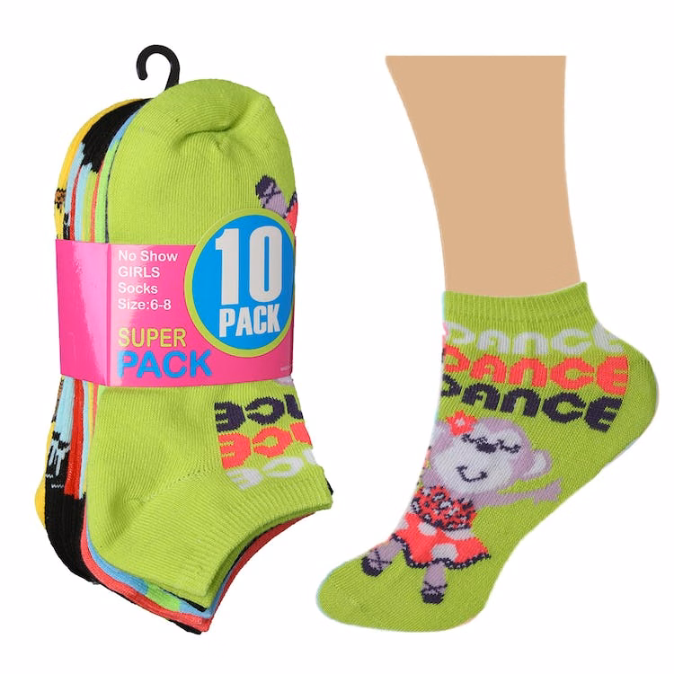 Girls' Ankle Socks - 10 Pack Wild Monkey Designs Size 6-8