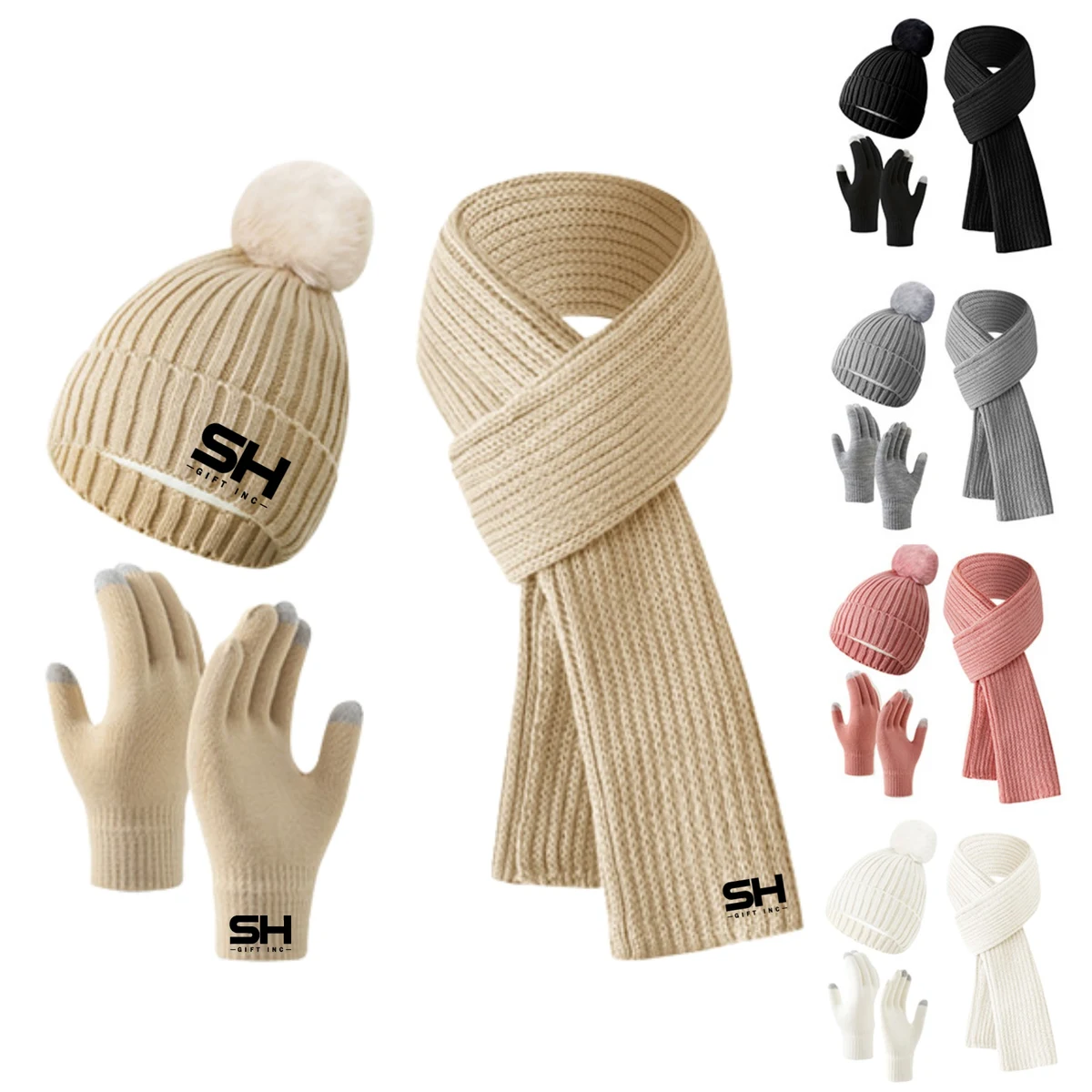 Winter Scarf Gloves and Knit Beanie Hat Set 1