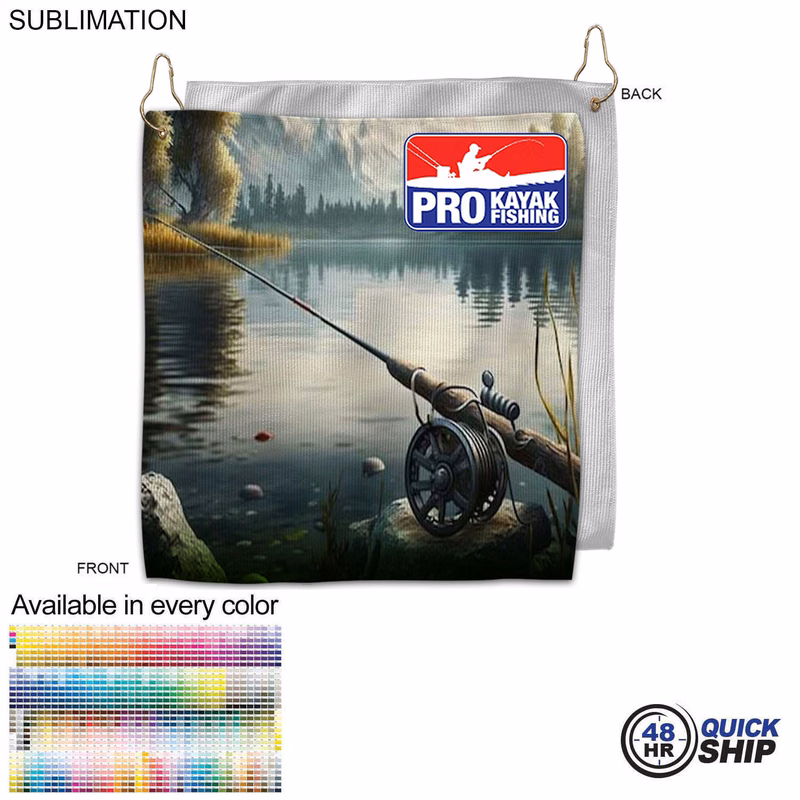 48Hr Quick Ship - Colored Microfiber Dri-Lite Terry Fishing Towel, 10x10, Grommet & Hook, Sublimated