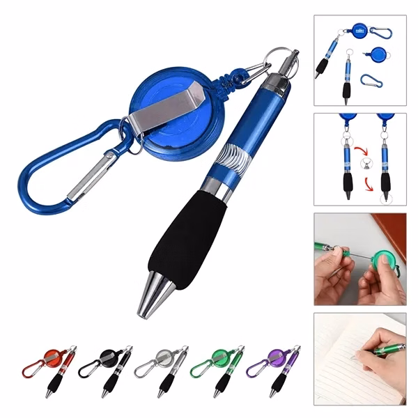 Custom 3 in 1 Aluminum Retractable Badge Reel Pen with Carabiner — Workplace Multi Tool
