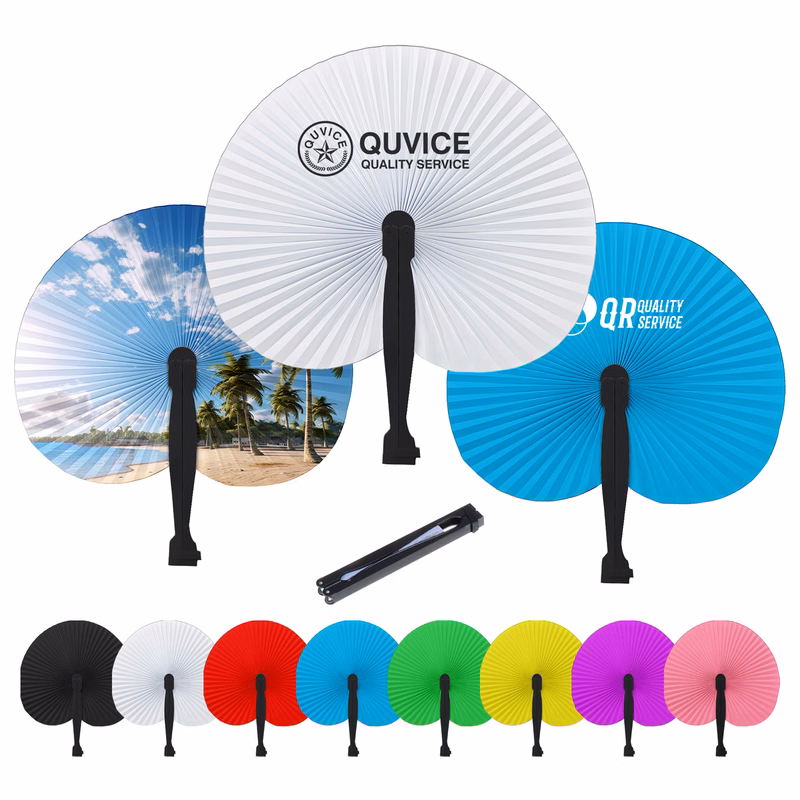 Custom Disposable Full Color Round Folding Hand Paper Fan With Plastic Handle