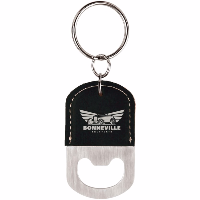 Black/Silver Oval Leatherette Bottle Opener Keychain