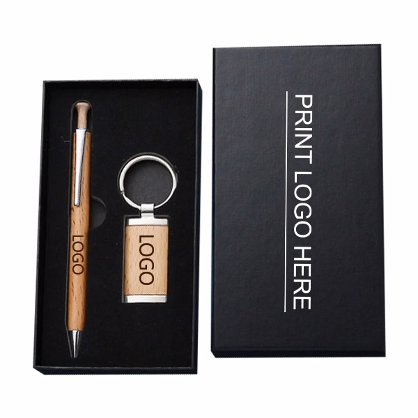 Wood ballpoint pen with keychain gift set
