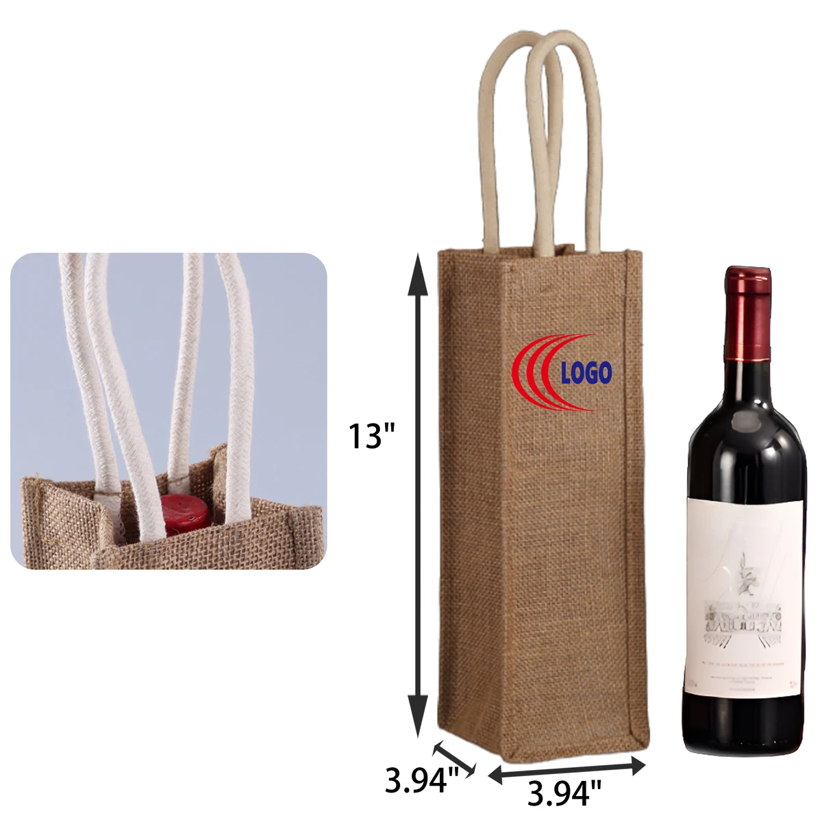 MOQ 50 PCS Eco Friendly Single Bottle Jute Wine Tote Bag, custom tote bag with logo imprint 1