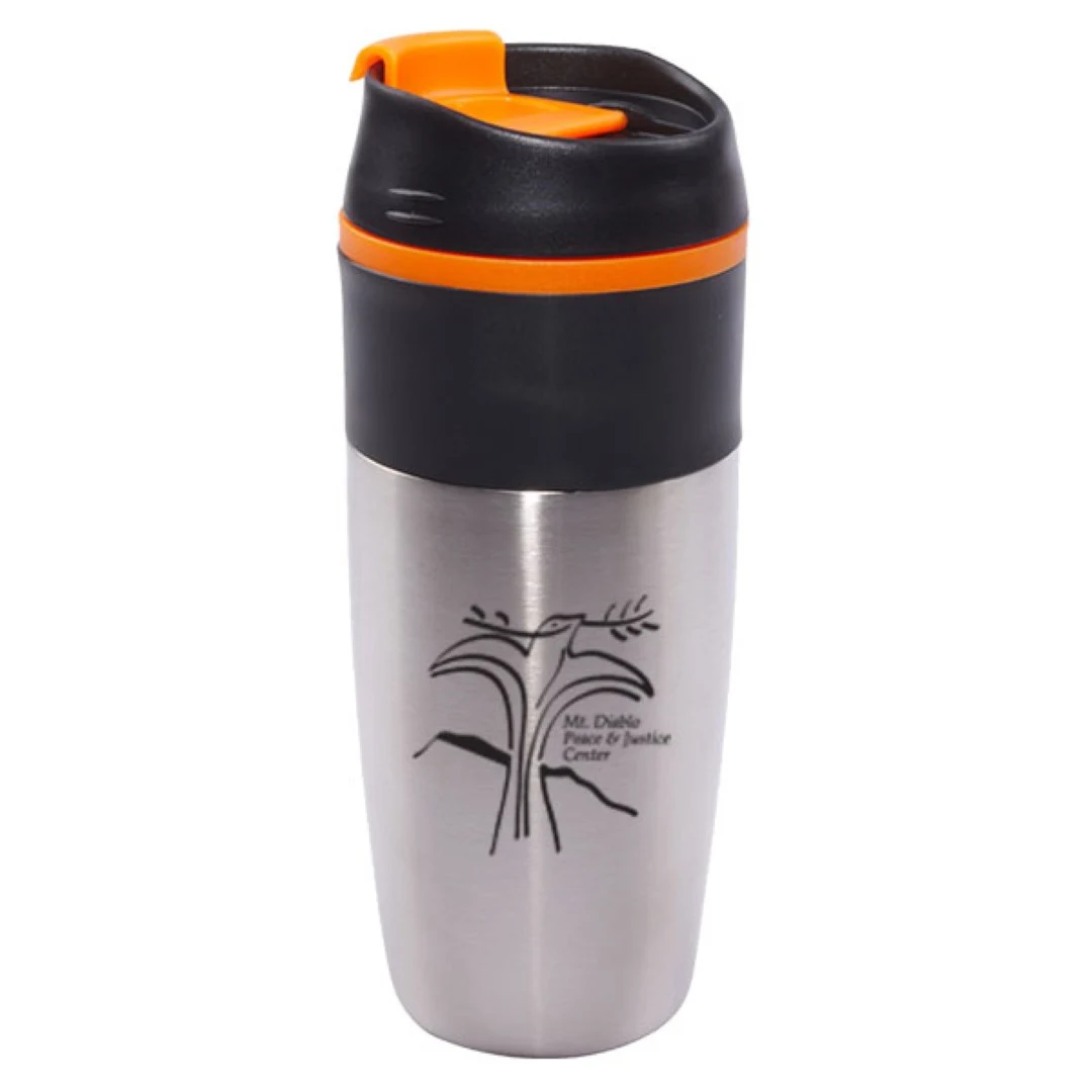 16 oz Bandit Black Stainless Steel Travel Mug with Black Lid and Orange Accents 1