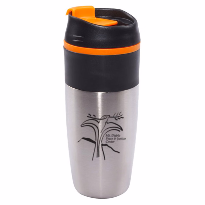 16 oz Bandit Black Stainless Steel Travel Mug with Black Lid and Orange Accents