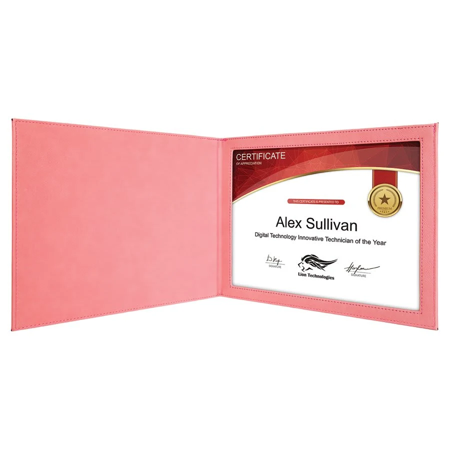 9" x 12" Pink Leatherette Certificate Holder for 8 1/2" x 11" 1