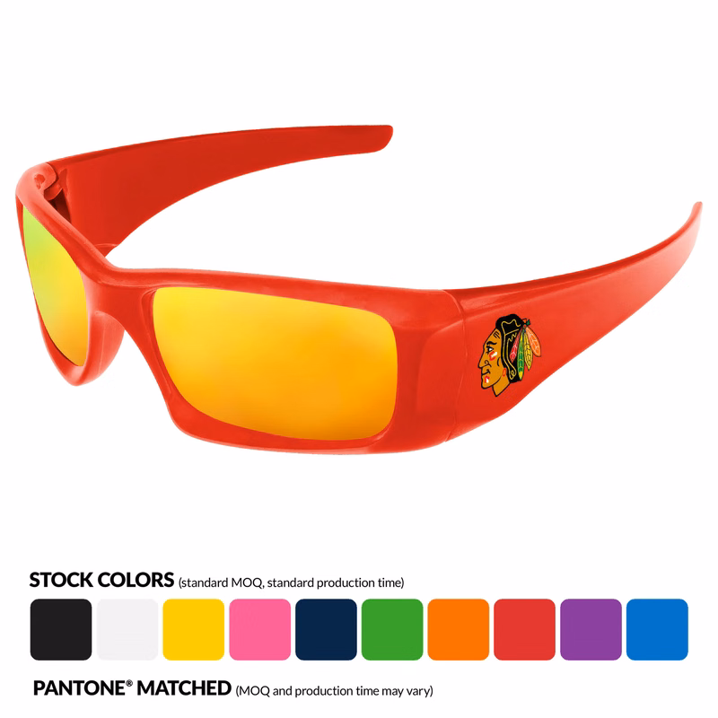 Wrap Mirror Sunglasses w/ Multi-Color Temple Imprint
