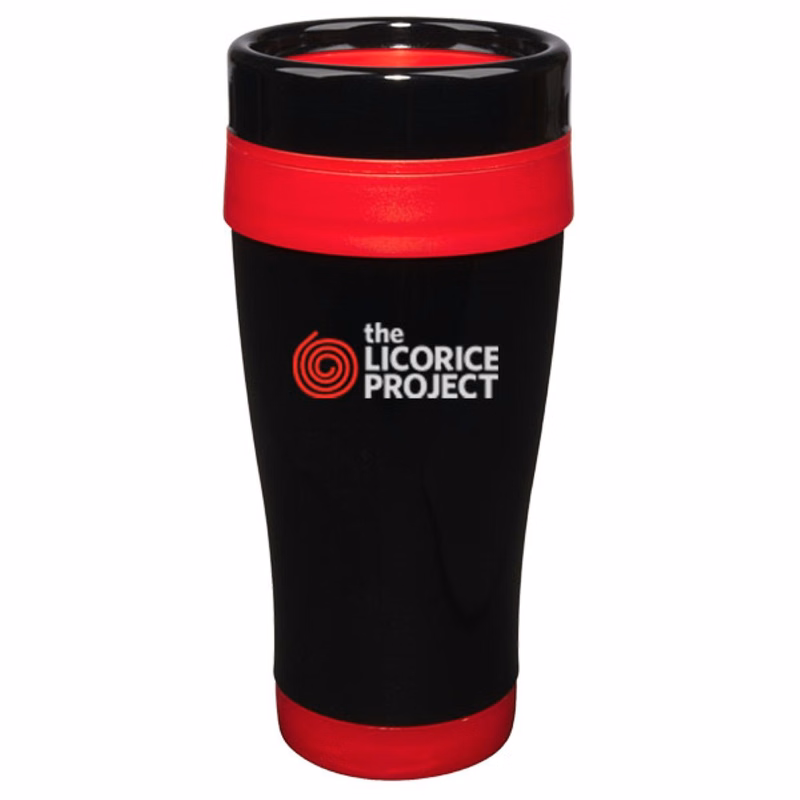 14 oz Formula Seven Stainless Steel Travel Mug with Black Lid And Red Accents