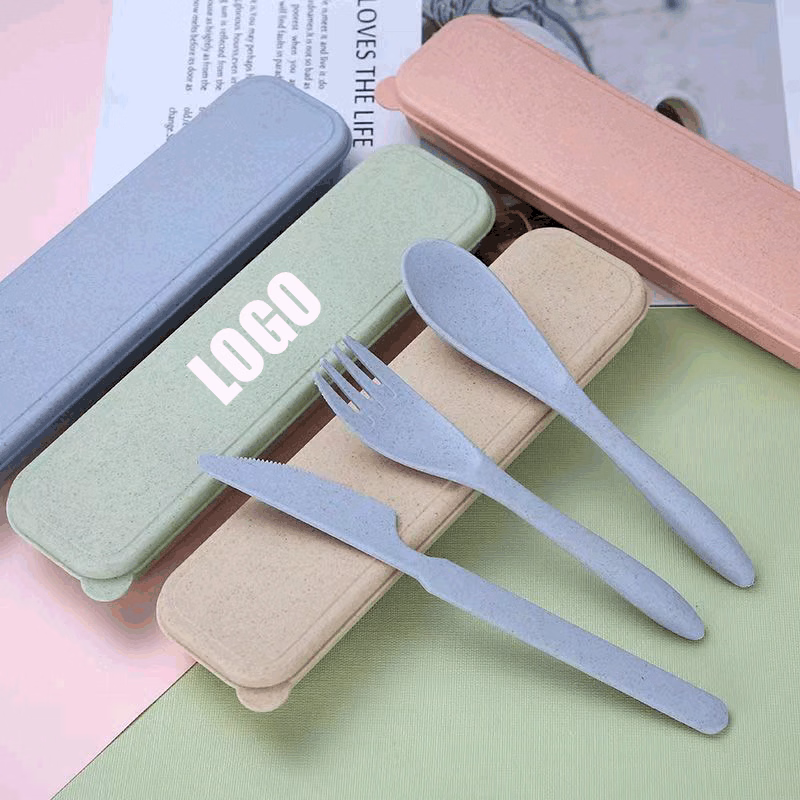 Wheat Straw Reusable Spoon Knife Forks Tableware/Travel Utensils Set with Case