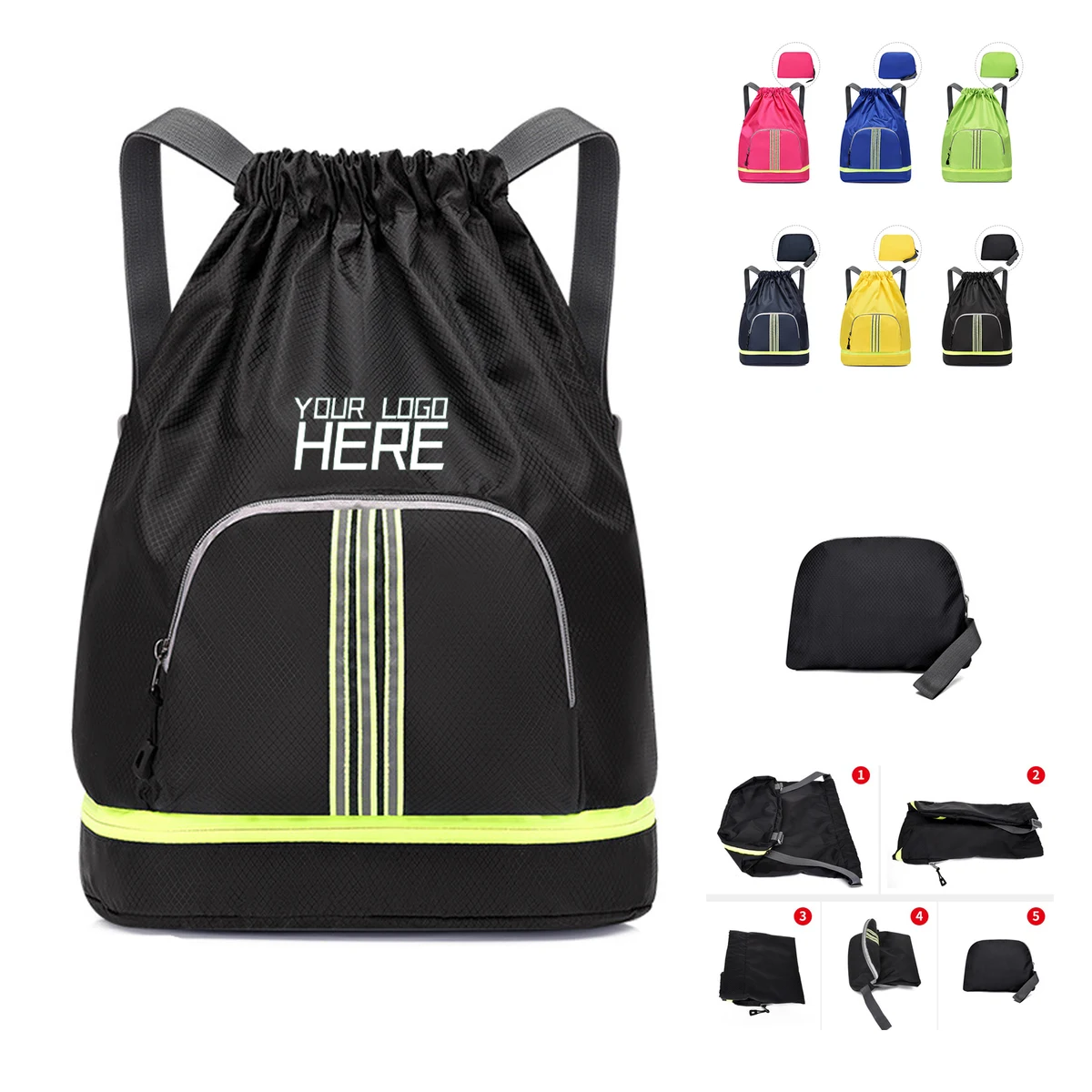 Foldable Drawstring Backpack With Reflective Strip 1