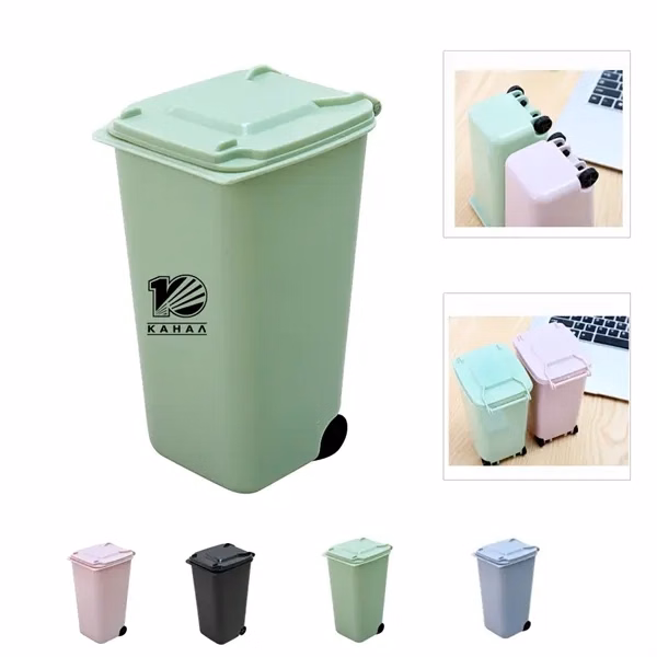 Custom Miniature Trash Can Desk Organizer with Wheels & Lid — Fun Office Promo