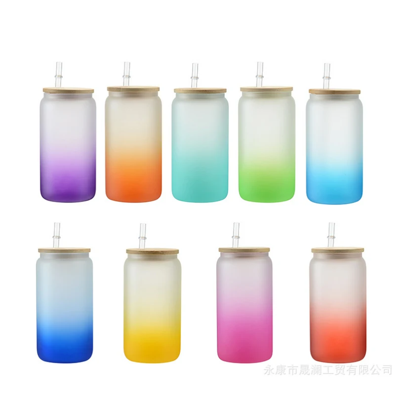 Gradient Color Glass Jar Beer Glass Can with Lid and Straw 16oz 1