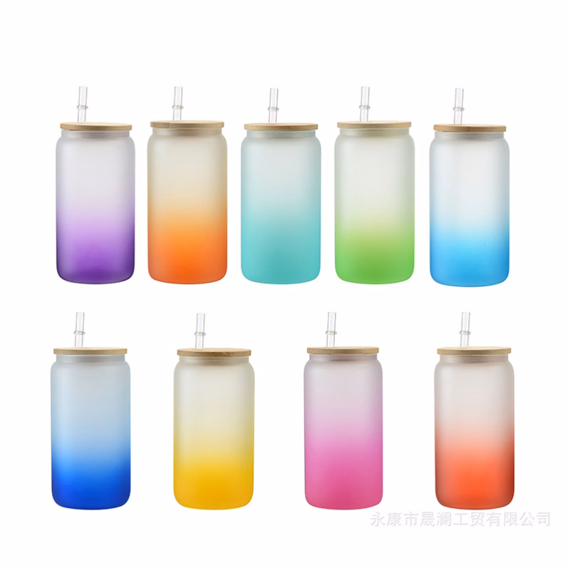 Gradient Color Glass Jar Beer Glass Can with Lid and Straw 16oz