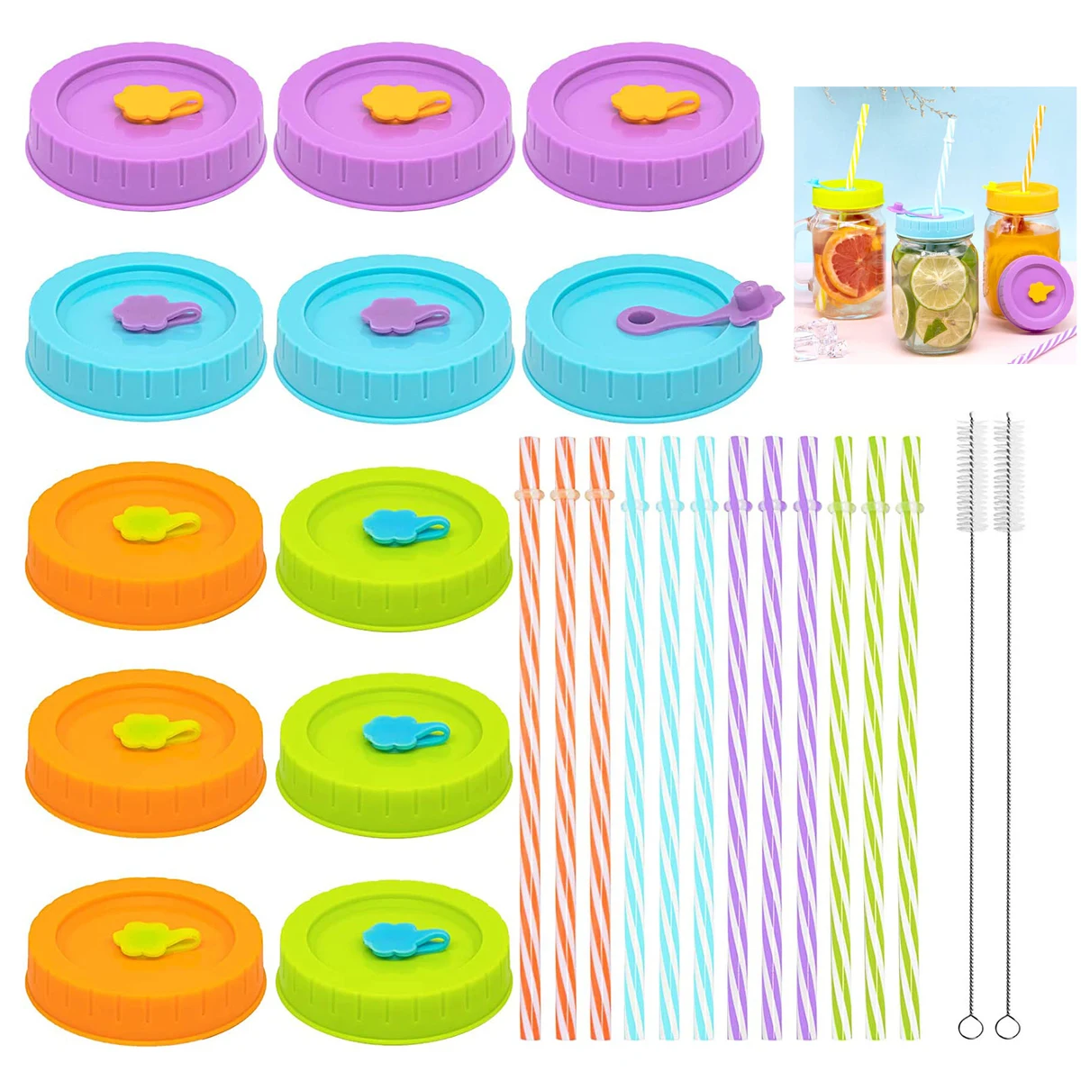 26 Pack Jar Lids with Straw Hole Straws Silicone Stoppers Rings Clean Brush Set 1