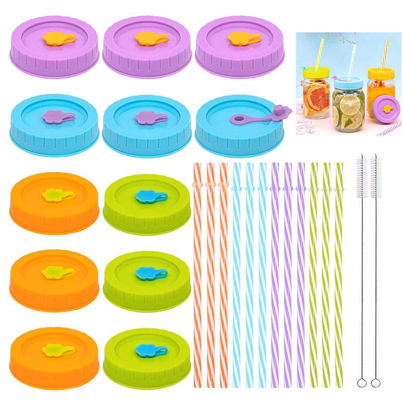 26 Pack Jar Lids with Straw Hole Straws Silicone Stoppers Rings Clean Brush Set