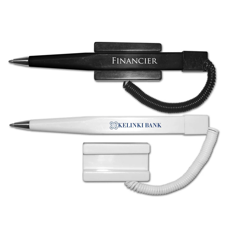 Financier - Pen with Coil Cord and Stick On Base (Blue Writing Ink) 1
