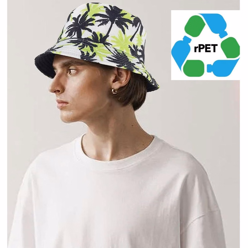 rPET Recycled 100% Polyester Sublimation Bucket Hat w/ Adjustable Drawstring