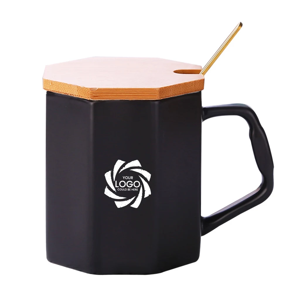 Ceramic mug with wooden lip and metal spoon 1