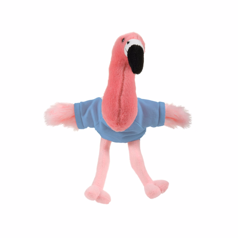 Soft Plush Sitting Flamingo waering a T-Shirt
