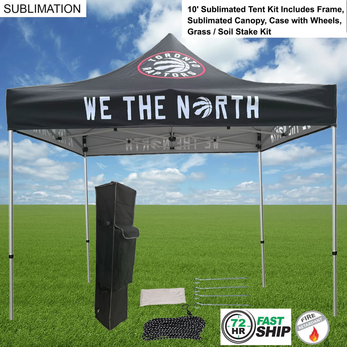 72 Hr Fast Ship - 10' Premium Sublimated Tent Kit, Includes Frame, Canopy, Case, Grass Stake Kit 1