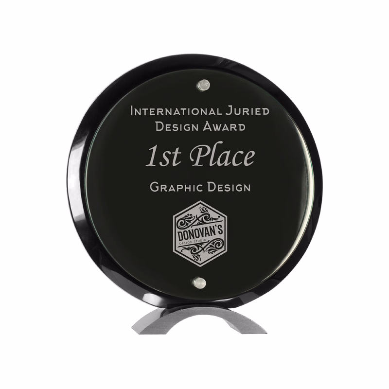 10" Round Black Piano Finish Floating Jade Glass Standup