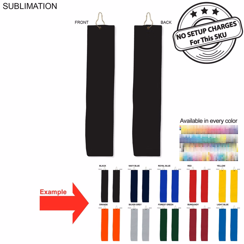 Colored Velour Terry Cotton Blend Golf Towel, Finished size 6x25, Trifold Grommet and Hook