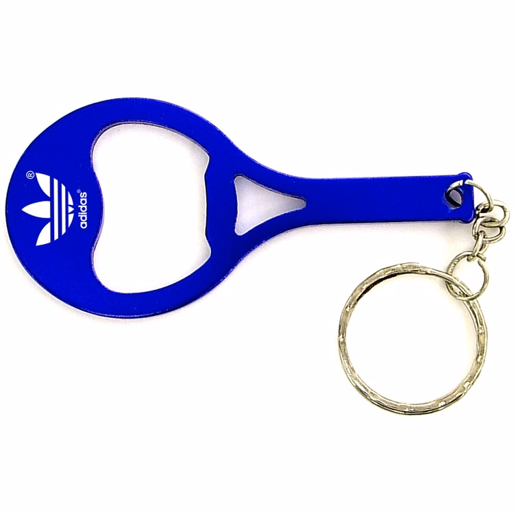 Tennis racket shape bottle opener with key chain.