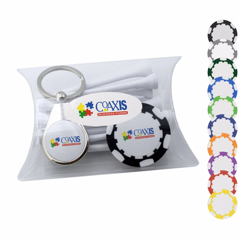 Clear Pillow Pack Golf Gift Set - Key Ring, Poker Chip & Tees