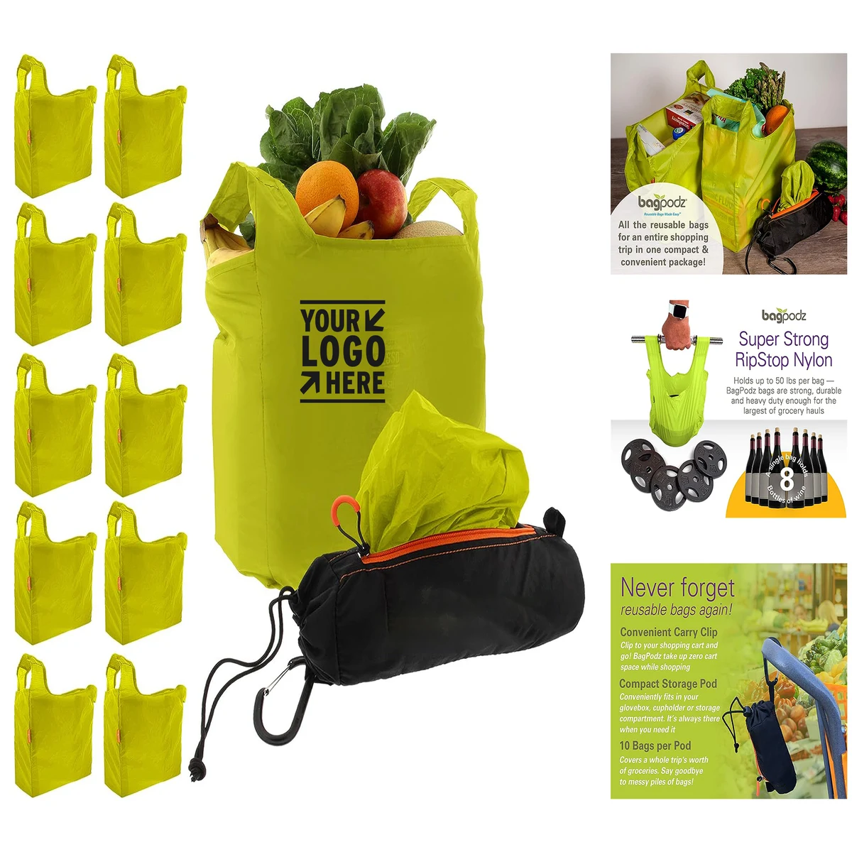 Hold 50lbs Heavy Duty Reusable Shopping Bag Washable Grocery Inside Compact Pod with Carry Clip 1