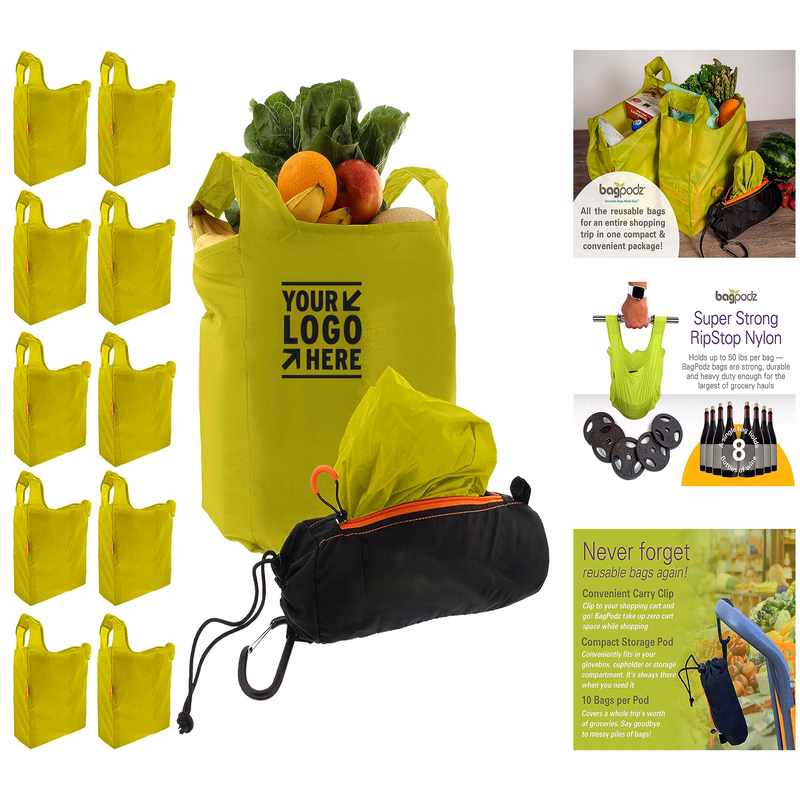 Hold 50lbs Heavy Duty Reusable Shopping Bag Washable Grocery Inside Compact Pod with Carry Clip
