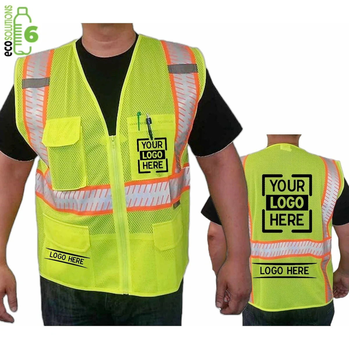 Recycled Class 2 Segmented Safety Zipper Vest W/ 4 Pockets & Dual Mic Tabs 1