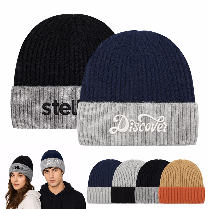 Unisex Two-Tone Cuffed Knit Beanie With Custom Logo