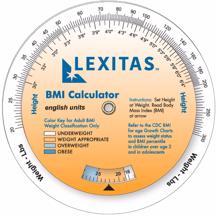 3 Wheel Body Mass Index Calculator (20-300 lb/9-136 kg), Full Colour