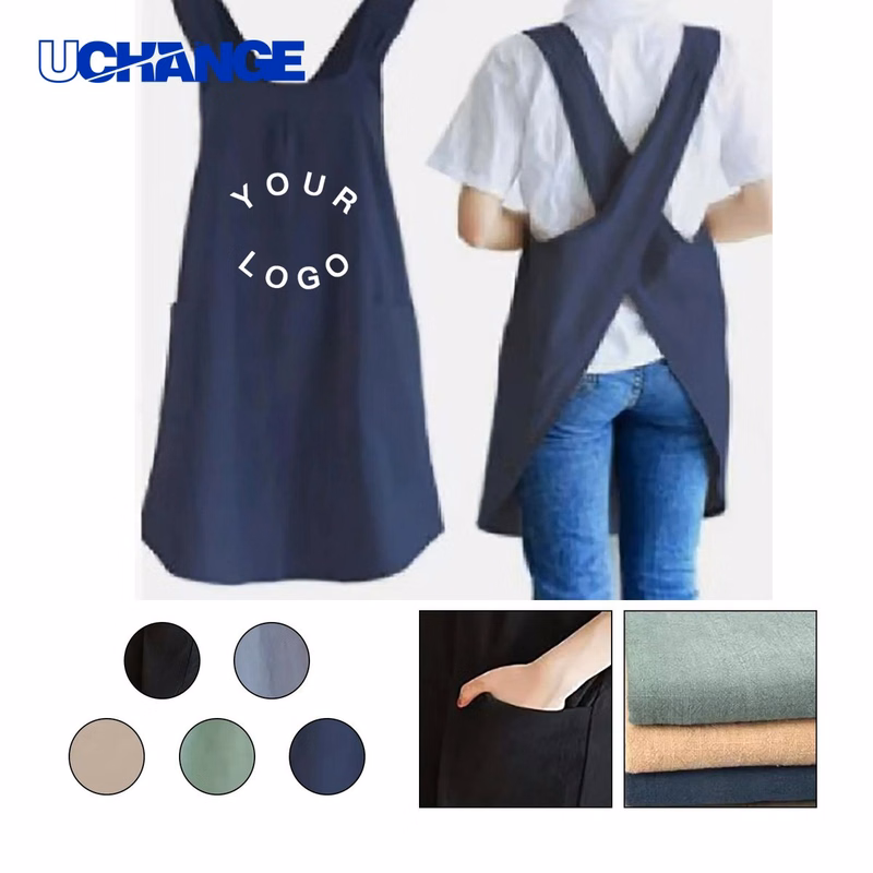 Cotton Linen Apron with No Tie Straps for Kitchen Use
