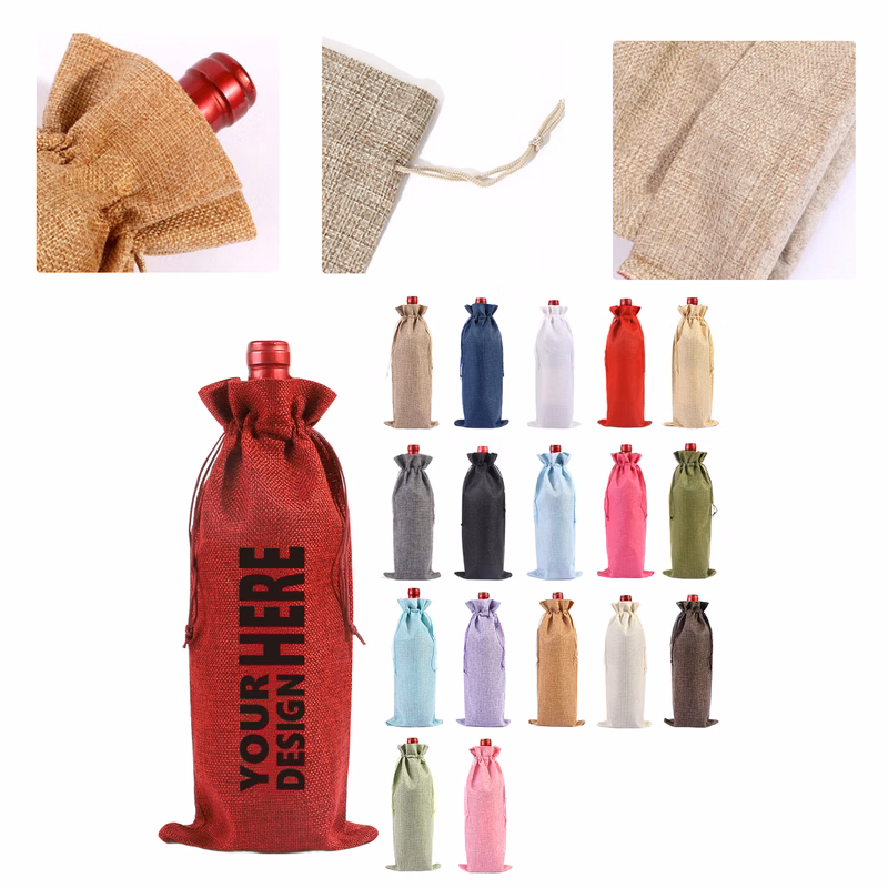 MOQ50 Eco-Friendly Burlap Wine Bag with Drawstring