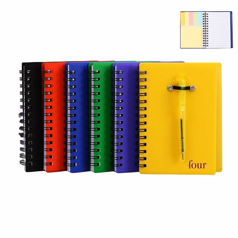 Spiral Notebook with Pen in Holder and Sticky Notes