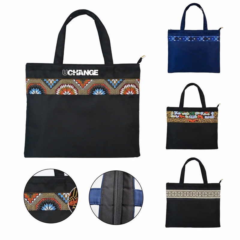 Laptop Document Tote With Zipper And Pattern Trim