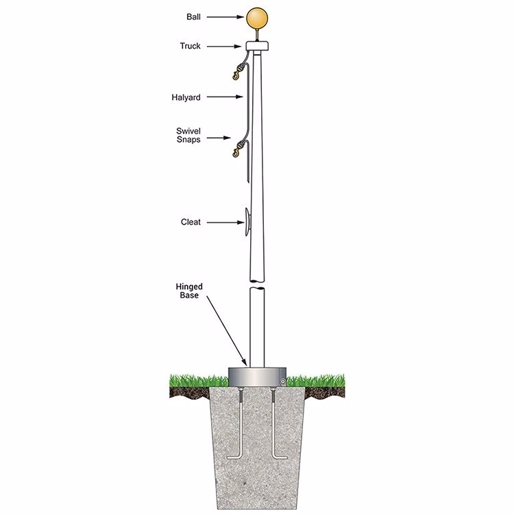 40' White Fiberglass Flagpole External Halyard - Hinged Base
