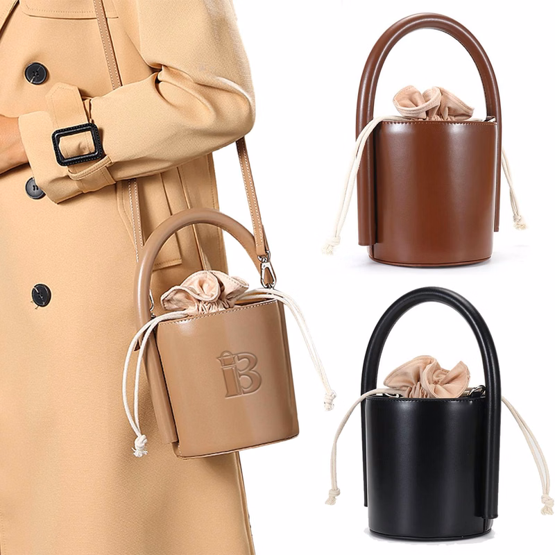 Genuine Leather Cylinder bucket cross-body Drawstring bag