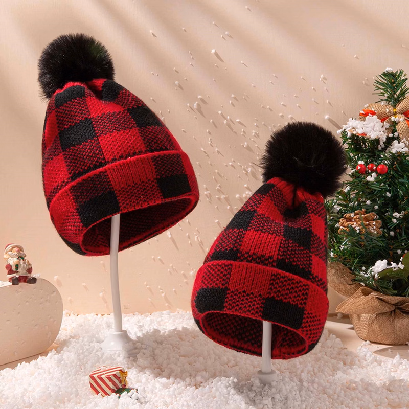 Winter Mommy Child Christams Red Plaid Beanie Hat