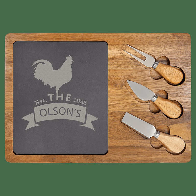 13 3/4" x 9 3/4" Charcoal Gray/Brown Acacia Wood/Slate Rectangle Cheese Set with Three Tools